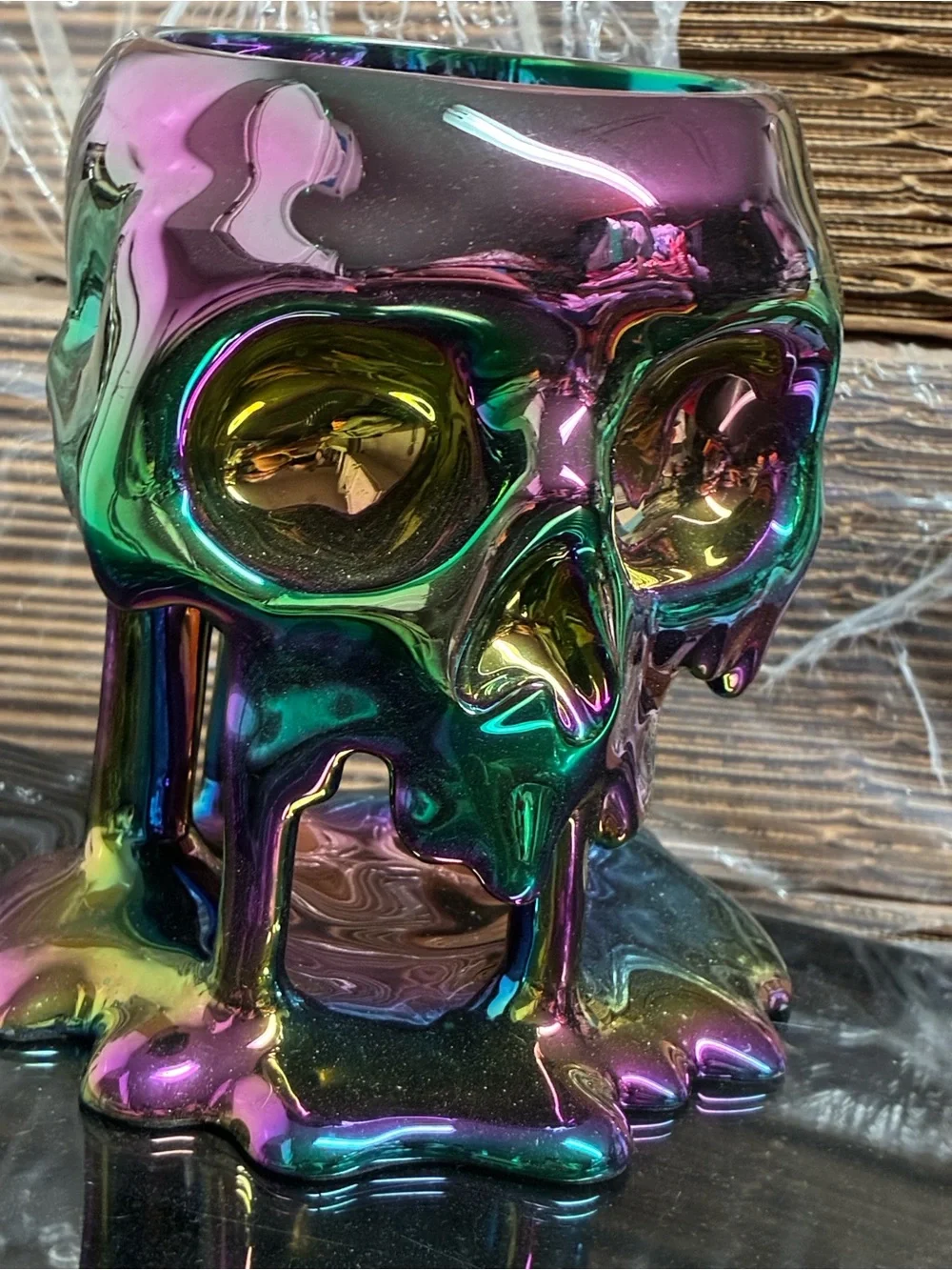 Iridescent Dripping skull 3 Wick candle holder